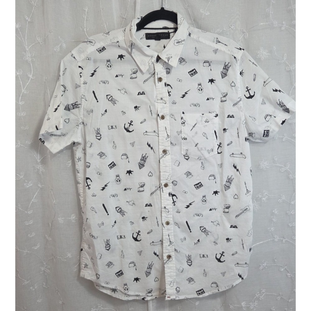Aeropostale White‎ Button Short Sleeve Shirt Med Skull Skateboard Anchor Drawing